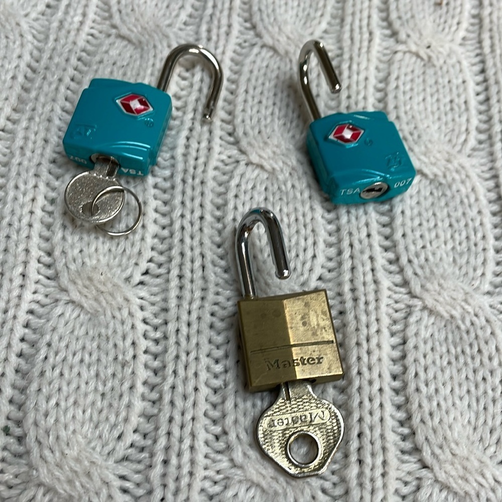 Luggage locks. Lot of 3. Blue locks opened by same key Metal TSA approved safety